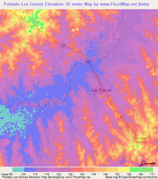 Poblado Los Gomez,Uruguay Elevation Map