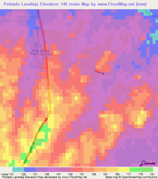 Poblado Lavalleja,Uruguay Elevation Map