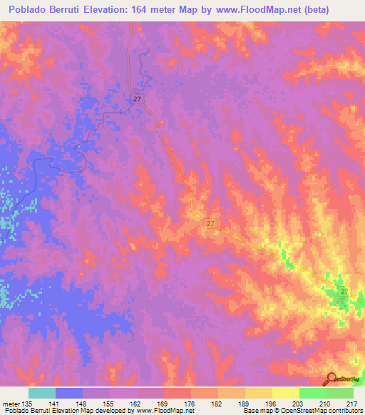 Poblado Berruti,Uruguay Elevation Map
