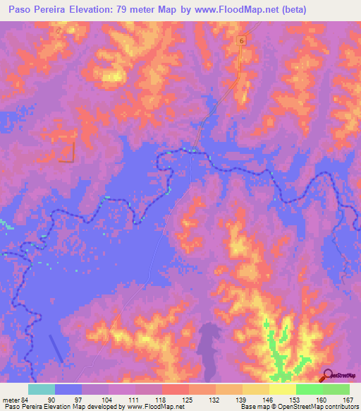Paso Pereira,Uruguay Elevation Map