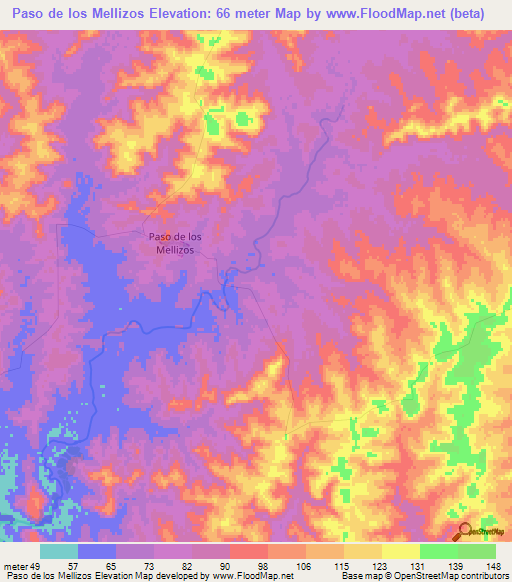 Paso de los Mellizos,Uruguay Elevation Map