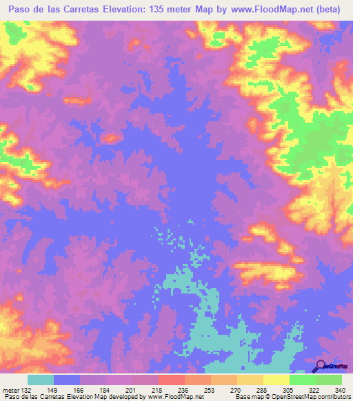 Paso de las Carretas,Uruguay Elevation Map