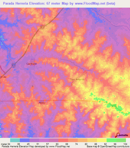 Parada Herreria,Uruguay Elevation Map