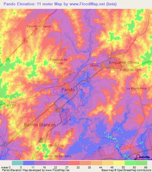 Pando,Uruguay Elevation Map