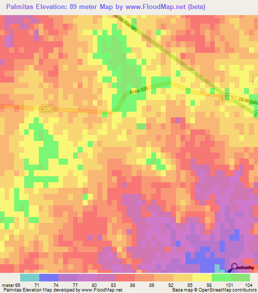 Palmitas,Uruguay Elevation Map