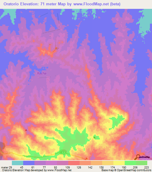 Oratorio,Uruguay Elevation Map