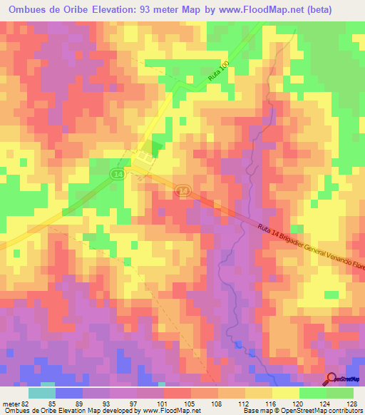 Ombues de Oribe,Uruguay Elevation Map