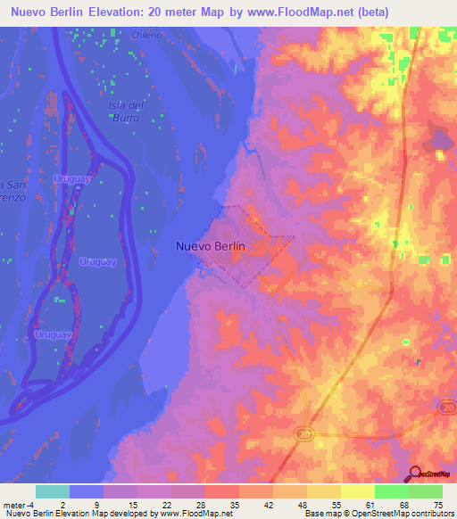 Nuevo Berlin,Uruguay Elevation Map