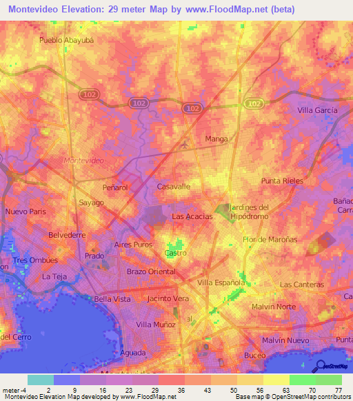 Montevideo,Uruguay Elevation Map