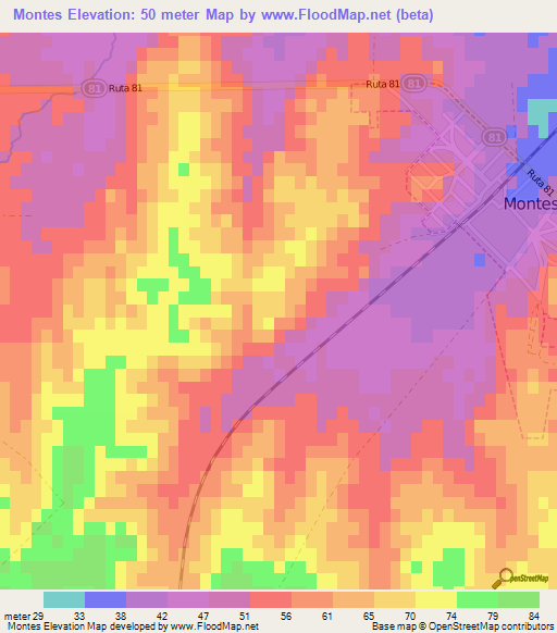 Montes,Uruguay Elevation Map