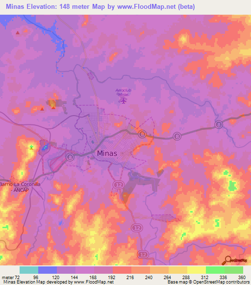 Minas,Uruguay Elevation Map