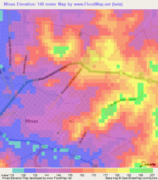 Minas,Uruguay Elevation Map