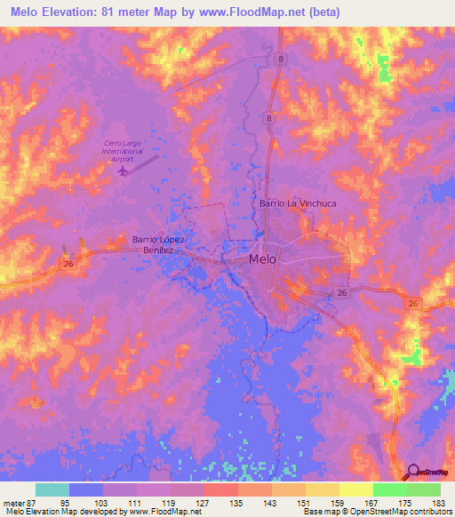 Melo,Uruguay Elevation Map