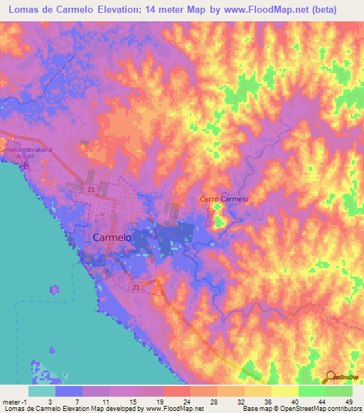 Lomas de Carmelo,Uruguay Elevation Map