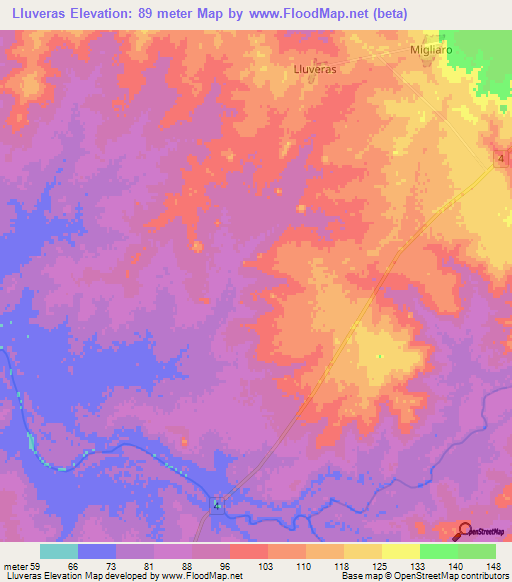 Lluveras,Uruguay Elevation Map
