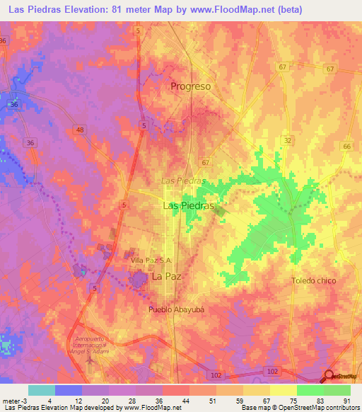 Las Piedras,Uruguay Elevation Map