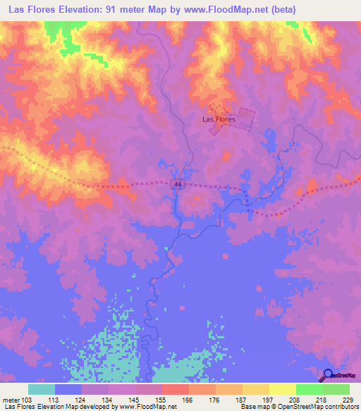 Las Flores,Uruguay Elevation Map