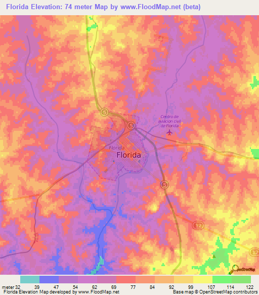 Florida,Uruguay Elevation Map