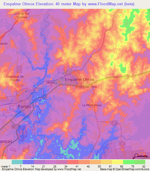 Empalme Olmos,Uruguay Elevation Map