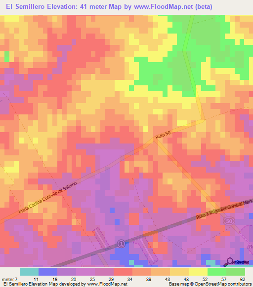 El Semillero,Uruguay Elevation Map