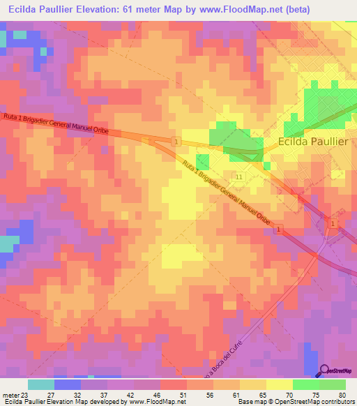 Ecilda Paullier,Uruguay Elevation Map