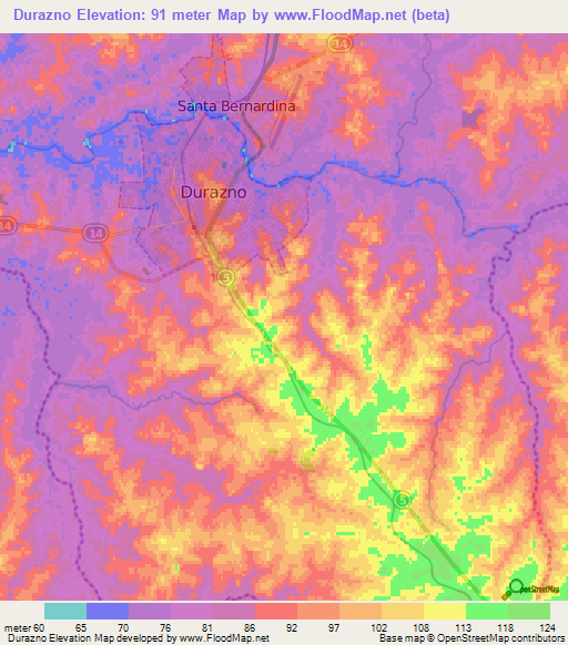 Durazno,Uruguay Elevation Map