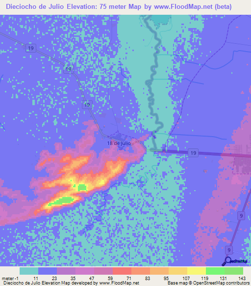 Dieciocho de Julio,Uruguay Elevation Map