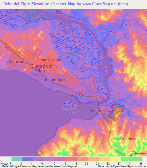 Delta del Tigre,Uruguay Elevation Map