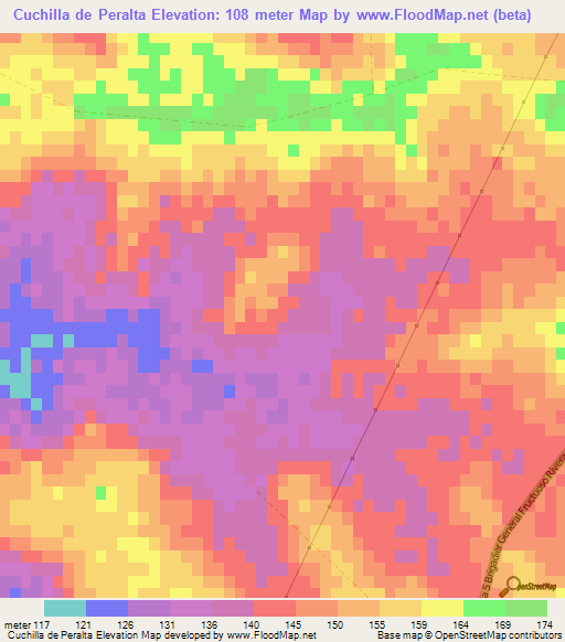 Cuchilla de Peralta,Uruguay Elevation Map