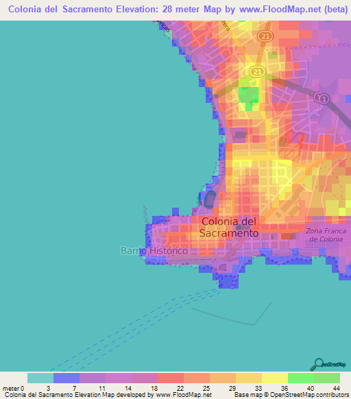 Colonia del Sacramento,Uruguay Elevation Map