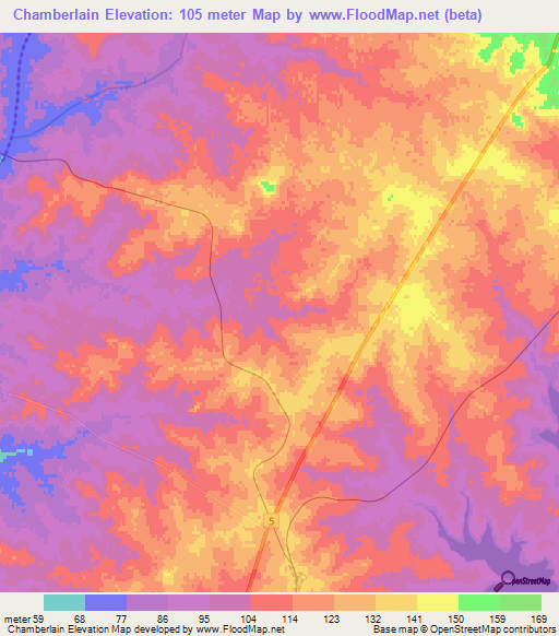 Chamberlain,Uruguay Elevation Map
