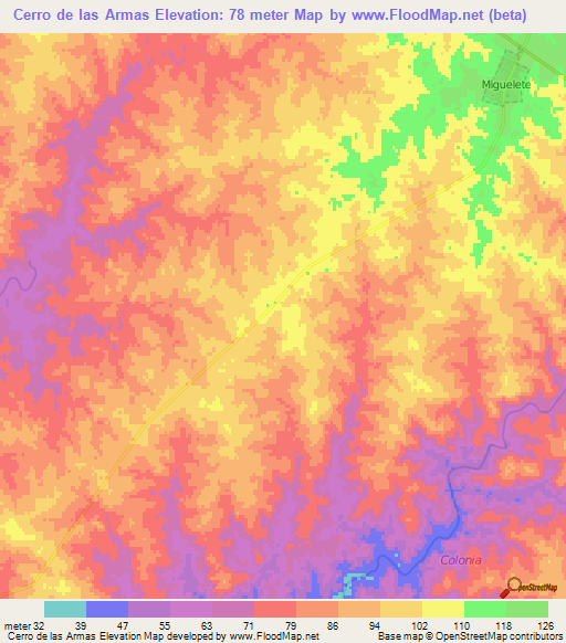 Cerro de las Armas,Uruguay Elevation Map