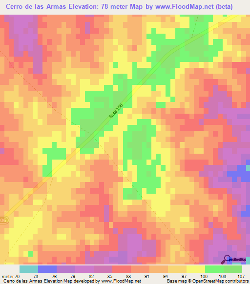 Cerro de las Armas,Uruguay Elevation Map