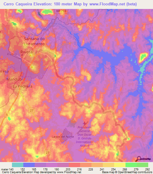 Cerro Caqueira,Uruguay Elevation Map