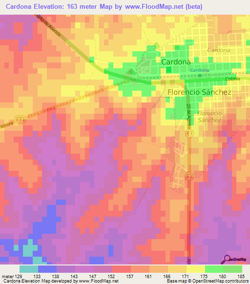 Cardona,Uruguay Elevation Map