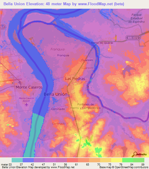 Bella Union,Uruguay Elevation Map