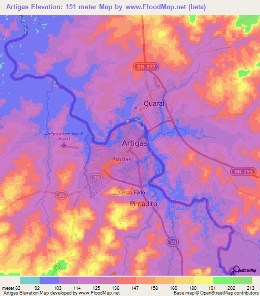 Artigas,Uruguay Elevation Map