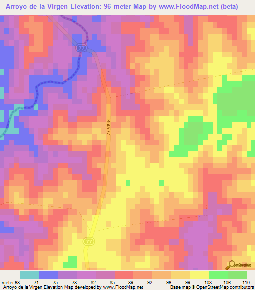 Arroyo de la Virgen,Uruguay Elevation Map
