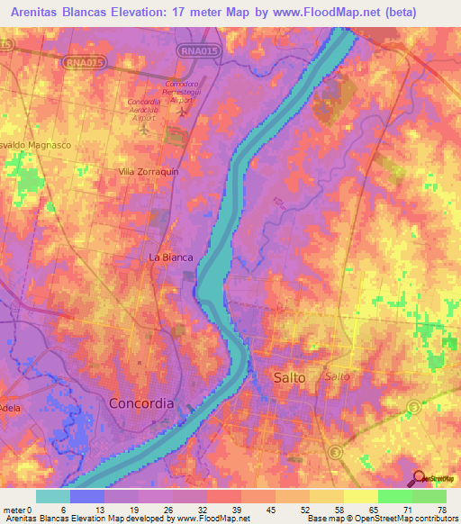 Arenitas Blancas,Uruguay Elevation Map