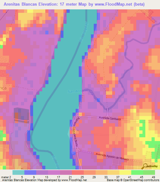 Arenitas Blancas,Uruguay Elevation Map