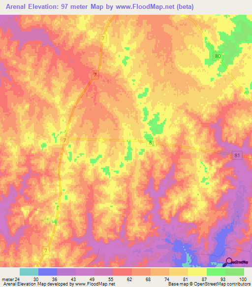 Arenal,Uruguay Elevation Map