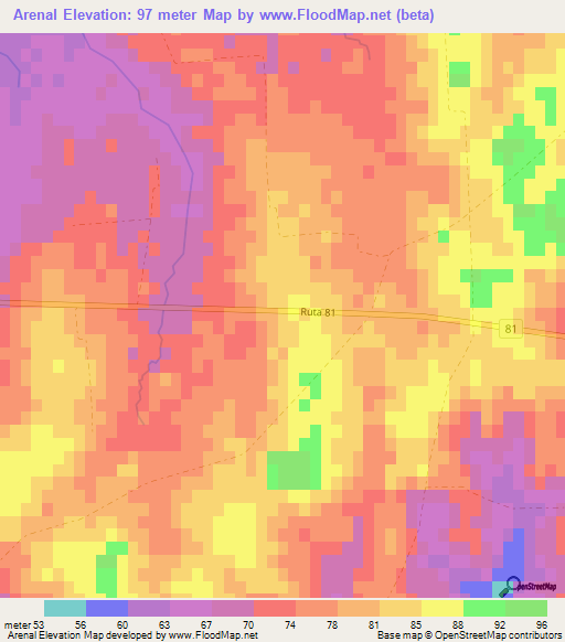 Arenal,Uruguay Elevation Map