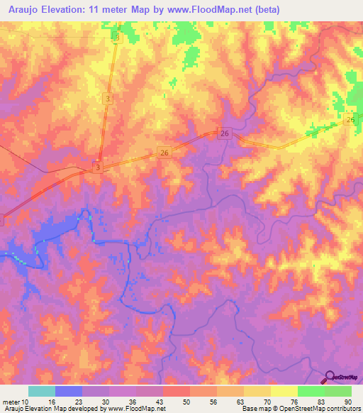 Araujo,Uruguay Elevation Map