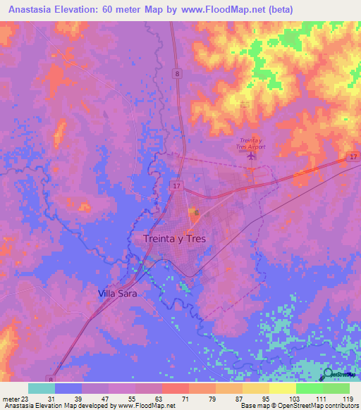 Anastasia,Uruguay Elevation Map