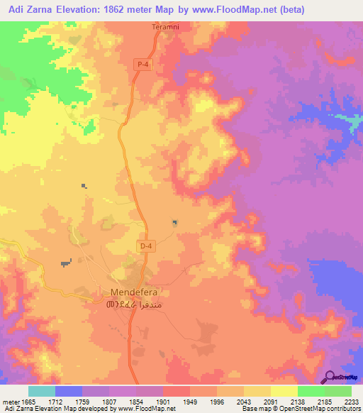 Adi Zarna,Eritrea Elevation Map