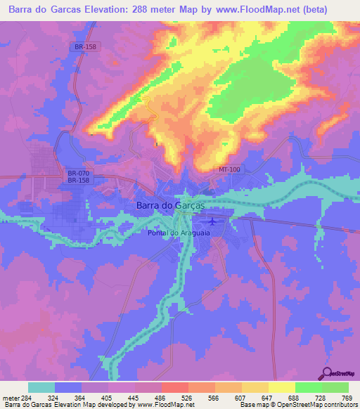 Barra do Garcas,Brazil Elevation Map