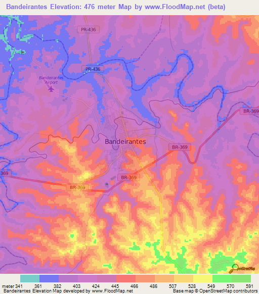 Bandeirantes,Brazil Elevation Map