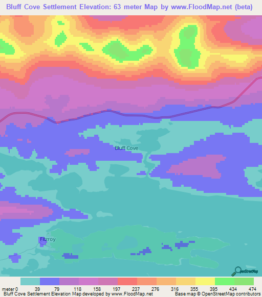 Bluff Cove Settlement,Falkland Islands Elevation Map