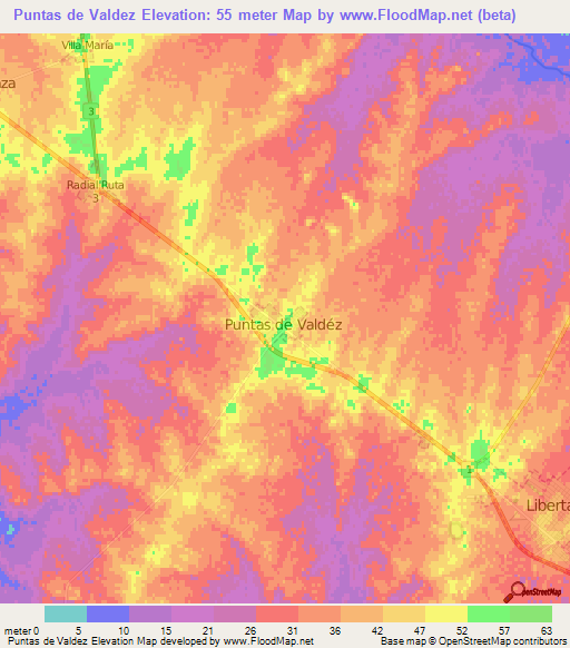 Puntas de Valdez,Uruguay Elevation Map