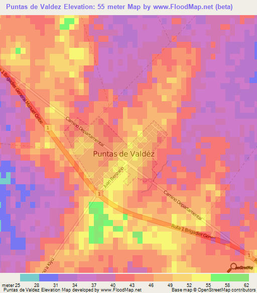 Puntas de Valdez,Uruguay Elevation Map